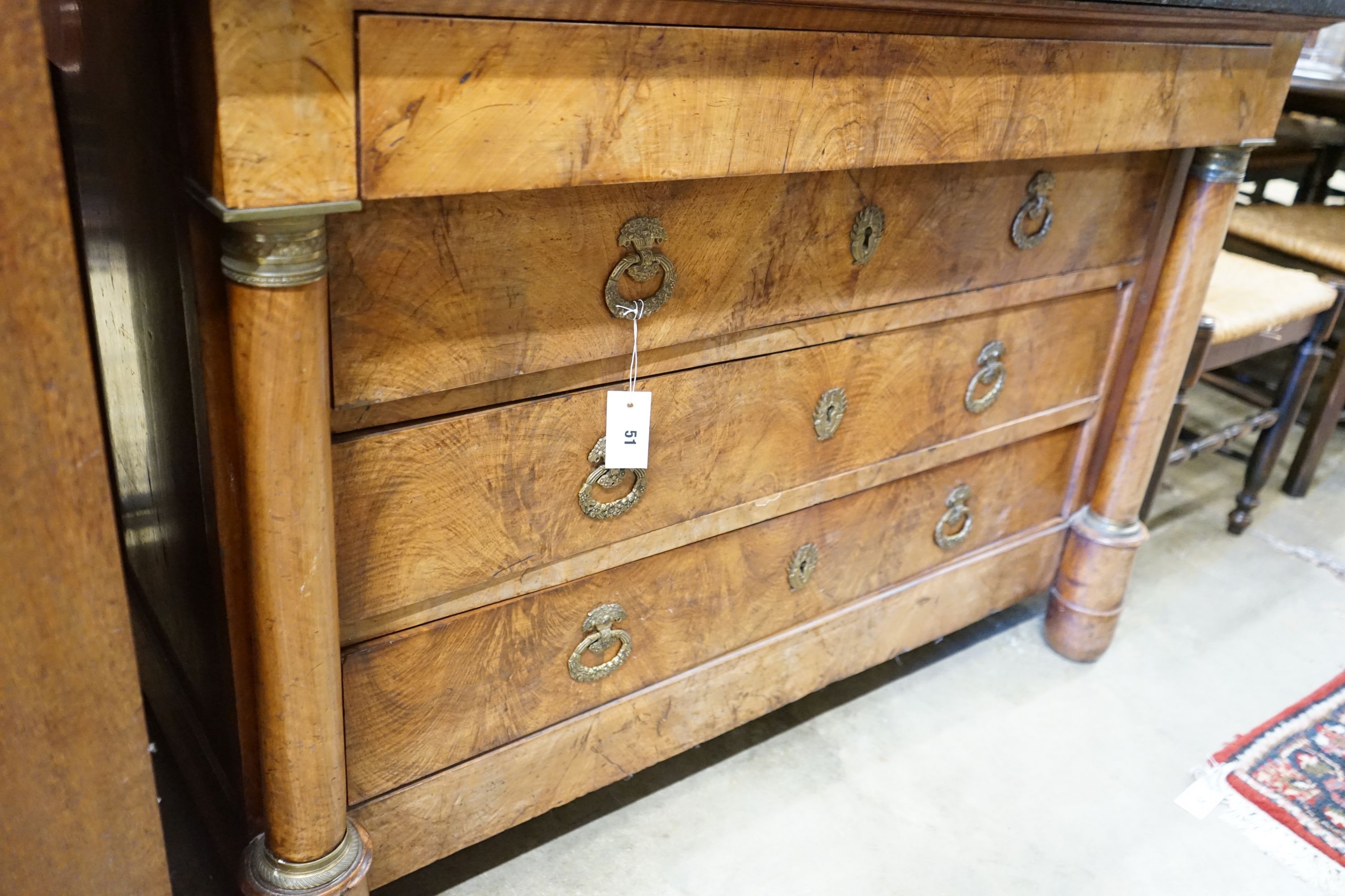 A 19th century French Empire style marble top walnut commode, width 130cm, depth 58cm, height 89cm